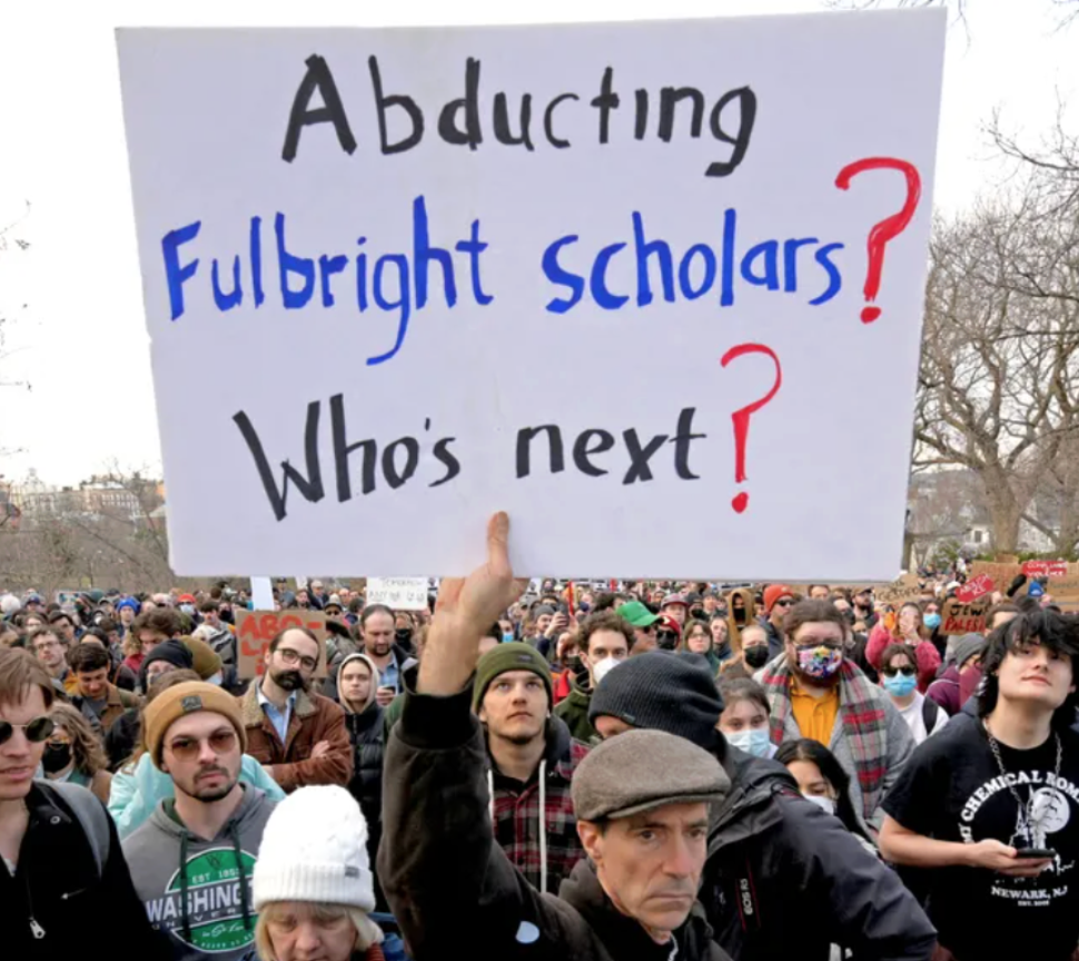 Demonstrators at a rally for Rümeysa Öztürk following her detainment. Image Credit: Faith Ninivaggi/Reuters